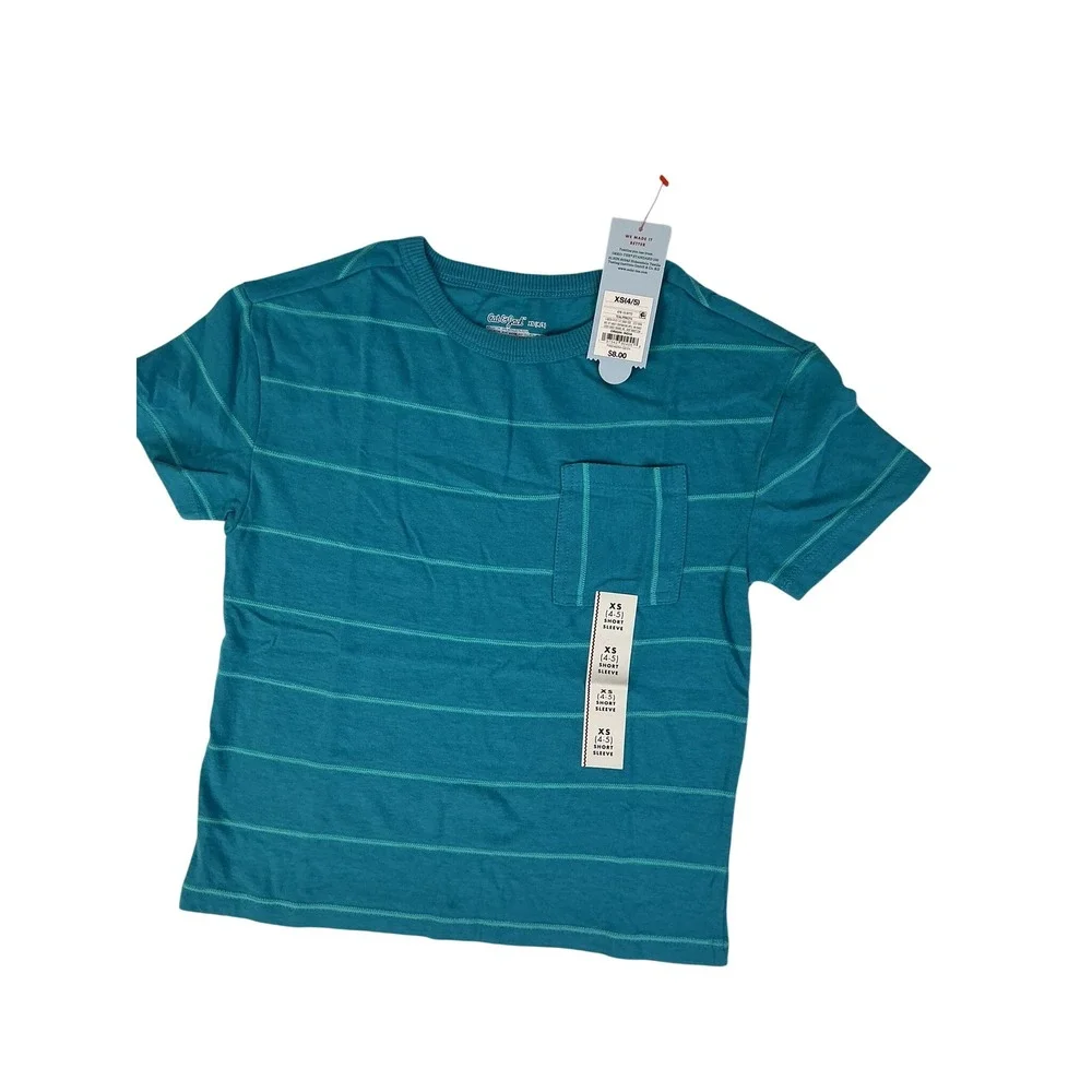 Cat & Jack Kids XS 4/5 Teal Striped Pocket T-Shirt Lot‎ of 2 New with Tags